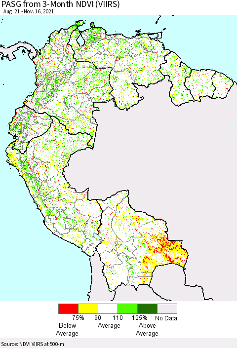 Northern South America PASG from 3-Month NDVI (VIIRS) Thematic Map For 11/9/2021 - 11/16/2021