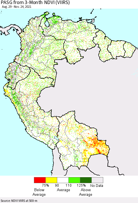 Northern South America PASG from 3-Month NDVI (VIIRS) Thematic Map For 11/17/2021 - 11/24/2021