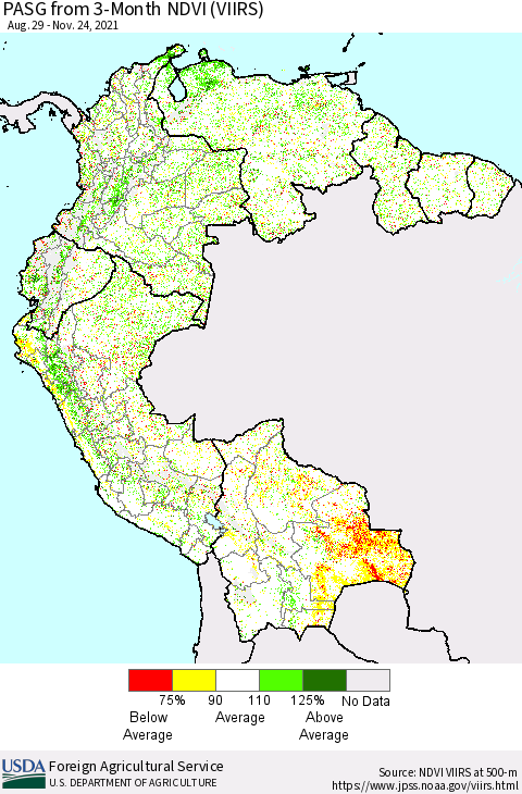 Northern South America PASG from 3-Month NDVI (VIIRS) Thematic Map For 11/21/2021 - 11/30/2021