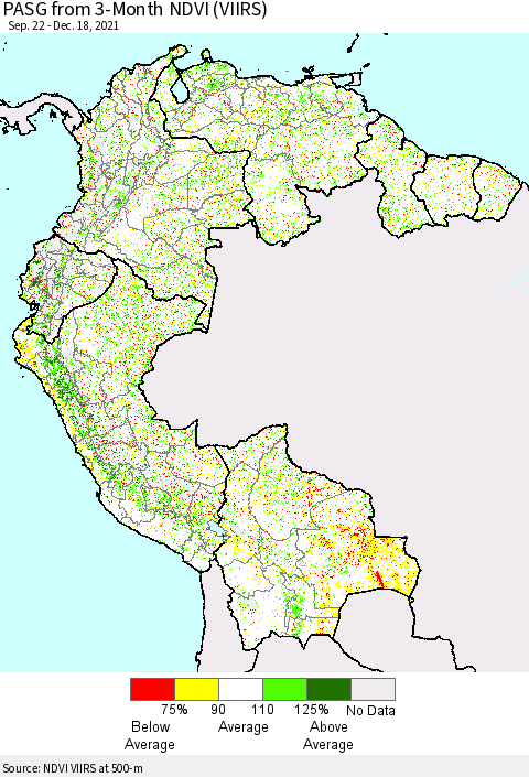 Northern South America PASG from 3-Month NDVI (VIIRS) Thematic Map For 12/11/2021 - 12/18/2021