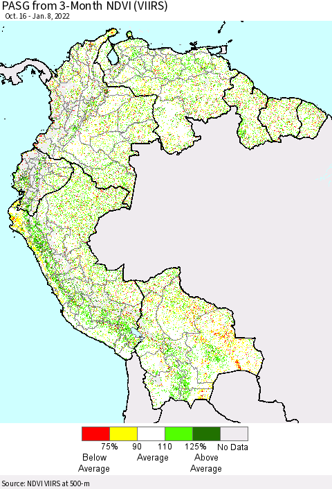 Northern South America PASG from 3-Month NDVI (VIIRS) Thematic Map For 1/1/2022 - 1/8/2022