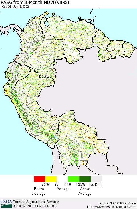 Northern South America PASG from 3-Month NDVI (VIIRS) Thematic Map For 1/1/2022 - 1/10/2022