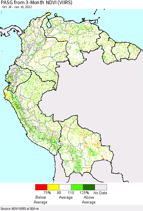 Northern South America PASG from 3-Month NDVI (VIIRS) Thematic Map For 1/9/2022 - 1/16/2022