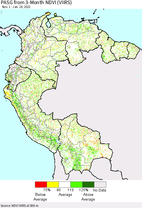 Northern South America PASG from 3-Month NDVI (VIIRS) Thematic Map For 1/17/2022 - 1/24/2022