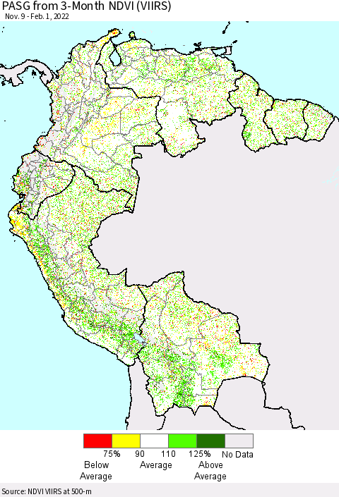 Northern South America PASG from 3-Month NDVI (VIIRS) Thematic Map For 1/25/2022 - 2/1/2022