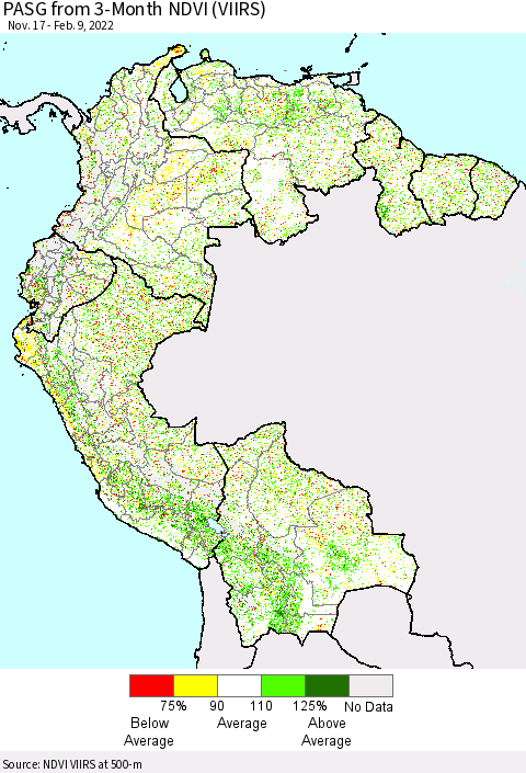 Northern South America PASG from 3-Month NDVI (VIIRS) Thematic Map For 2/2/2022 - 2/9/2022