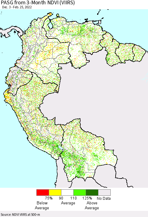 Northern South America PASG from 3-Month NDVI (VIIRS) Thematic Map For 2/18/2022 - 2/25/2022