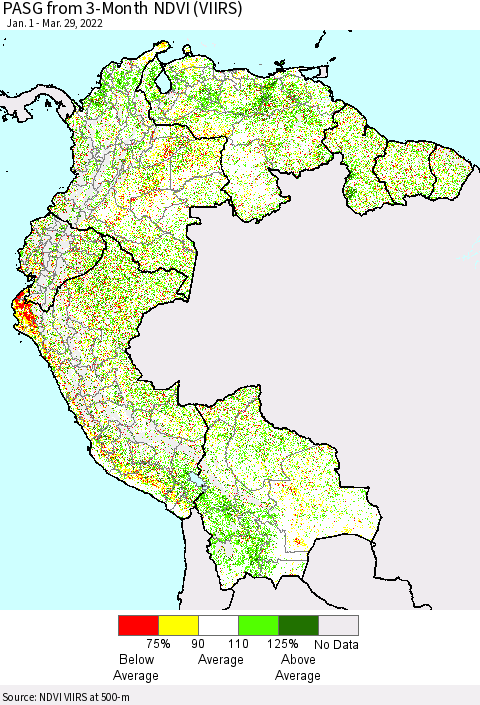 Northern South America PASG from 3-Month NDVI (VIIRS) Thematic Map For 3/22/2022 - 3/29/2022