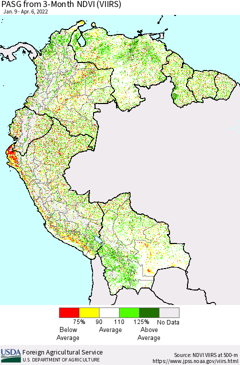 Northern South America PASG from 3-Month NDVI (VIIRS) Thematic Map For 4/1/2022 - 4/10/2022