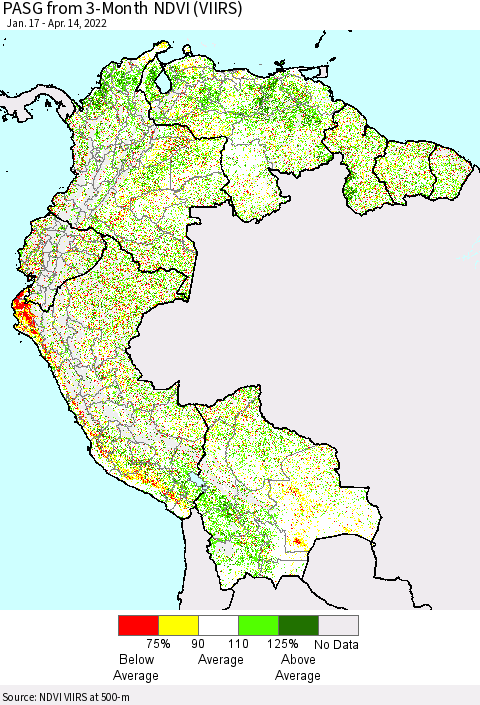 Northern South America PASG from 3-Month NDVI (VIIRS) Thematic Map For 4/7/2022 - 4/14/2022