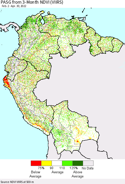 Northern South America PASG from 3-Month NDVI (VIIRS) Thematic Map For 4/21/2022 - 4/30/2022