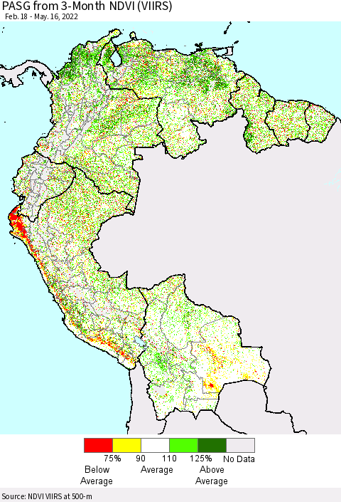 Northern South America PASG from 3-Month NDVI (VIIRS) Thematic Map For 5/9/2022 - 5/16/2022