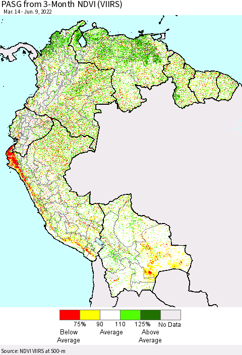 Northern South America PASG from 3-Month NDVI (VIIRS) Thematic Map For 6/2/2022 - 6/9/2022