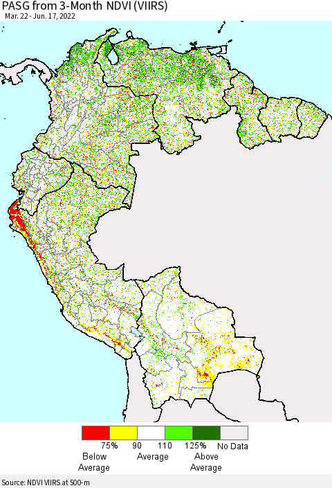 Northern South America PASG from 3-Month NDVI (VIIRS) Thematic Map For 6/10/2022 - 6/17/2022