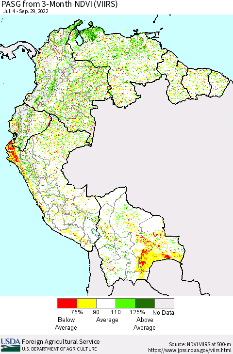 Northern South America PASG from 3-Month NDVI (VIIRS) Thematic Map For 9/21/2022 - 9/30/2022