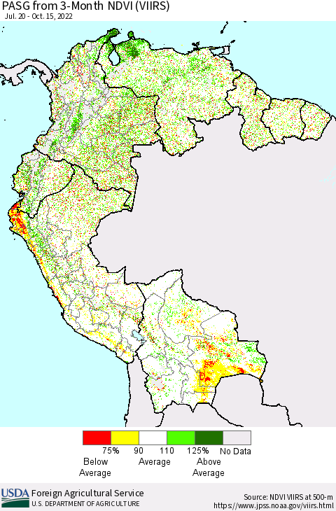 Northern South America PASG from 3-Month NDVI (VIIRS) Thematic Map For 10/11/2022 - 10/20/2022