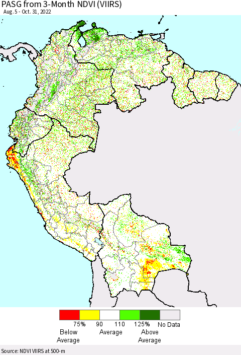 Northern South America PASG from 3-Month NDVI (VIIRS) Thematic Map For 10/21/2022 - 10/31/2022