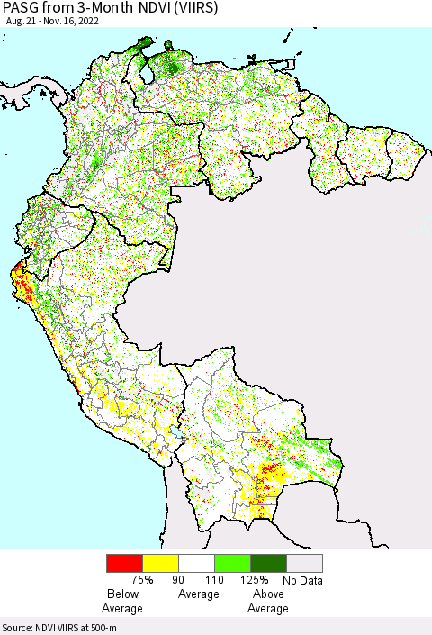 Northern South America PASG from 3-Month NDVI (VIIRS) Thematic Map For 11/9/2022 - 11/16/2022