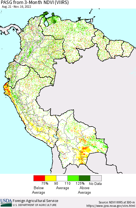 Northern South America PASG from 3-Month NDVI (VIIRS) Thematic Map For 11/11/2022 - 11/20/2022