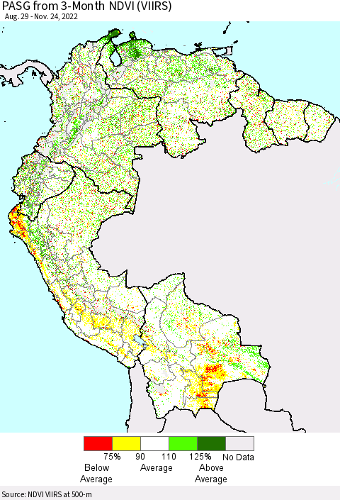 Northern South America PASG from 3-Month NDVI (VIIRS) Thematic Map For 11/17/2022 - 11/24/2022
