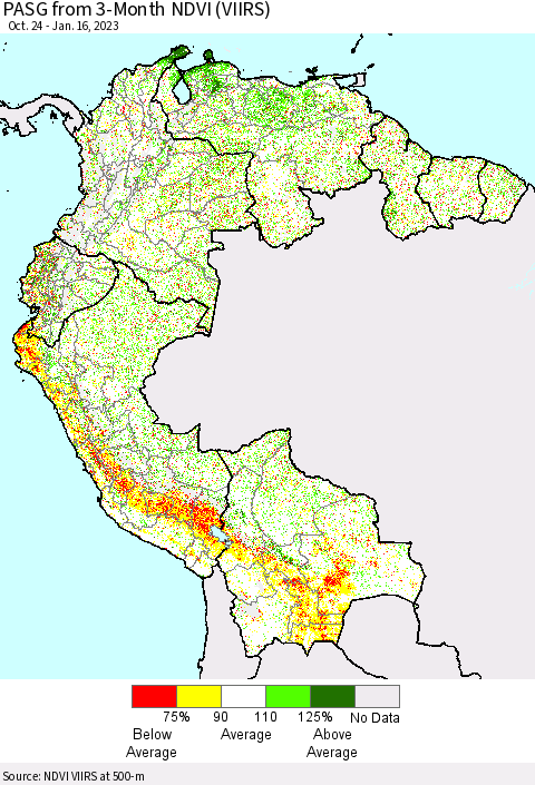 Northern South America PASG from 3-Month NDVI (VIIRS) Thematic Map For 1/9/2023 - 1/16/2023