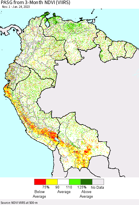 Northern South America PASG from 3-Month NDVI (VIIRS) Thematic Map For 1/17/2023 - 1/24/2023