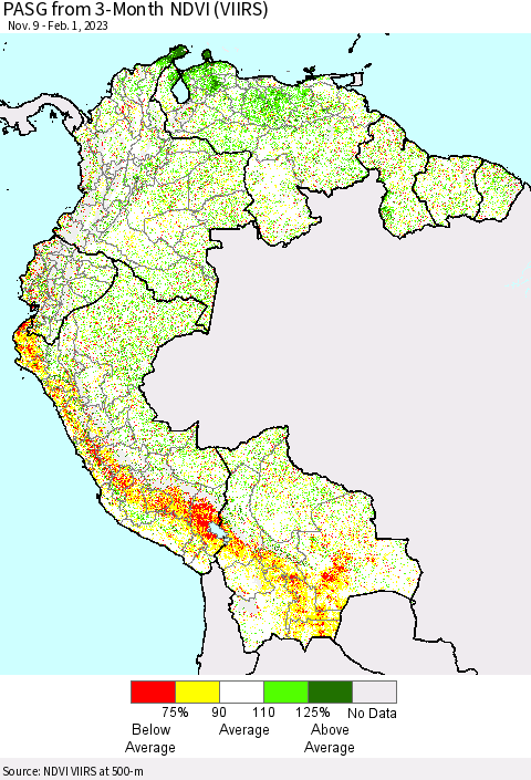 Northern South America PASG from 3-Month NDVI (VIIRS) Thematic Map For 1/25/2023 - 2/1/2023
