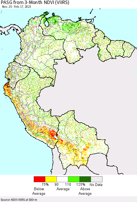 Northern South America PASG from 3-Month NDVI (VIIRS) Thematic Map For 2/10/2023 - 2/17/2023