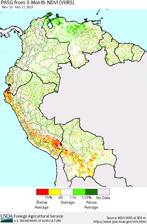 Northern South America PASG from 3-Month NDVI (VIIRS) Thematic Map For 2/11/2023 - 2/20/2023