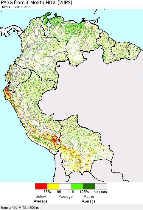 Northern South America PASG from 3-Month NDVI (VIIRS) Thematic Map For 2/26/2023 - 3/5/2023