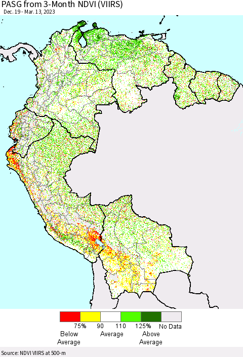 Northern South America PASG from 3-Month NDVI (VIIRS) Thematic Map For 3/6/2023 - 3/13/2023