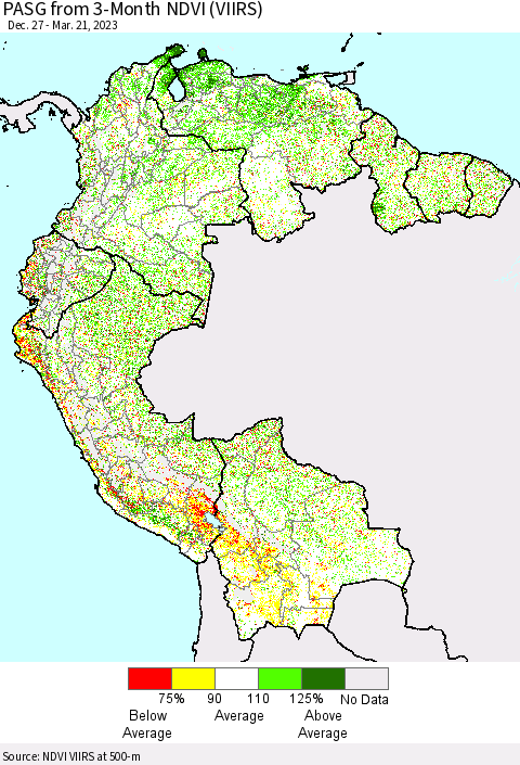Northern South America PASG from 3-Month NDVI (VIIRS) Thematic Map For 3/14/2023 - 3/21/2023