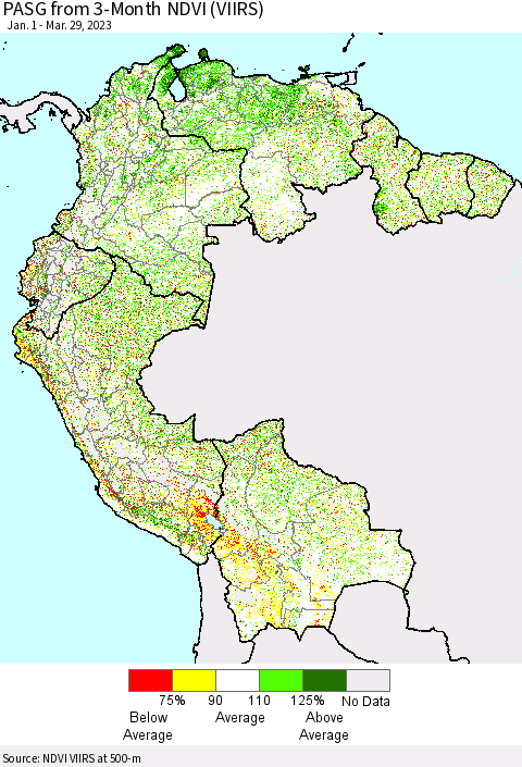 Northern South America PASG from 3-Month NDVI (VIIRS) Thematic Map For 3/22/2023 - 3/29/2023
