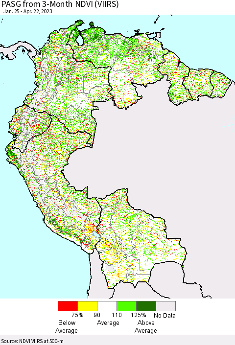 Northern South America PASG from 3-Month NDVI (VIIRS) Thematic Map For 4/15/2023 - 4/22/2023