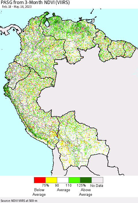 Northern South America PASG from 3-Month NDVI (VIIRS) Thematic Map For 5/9/2023 - 5/16/2023