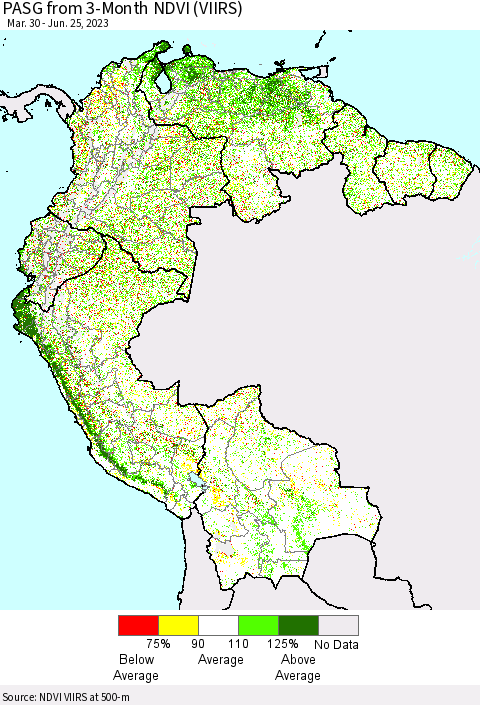 Northern South America PASG from 3-Month NDVI (VIIRS) Thematic Map For 6/18/2023 - 6/25/2023