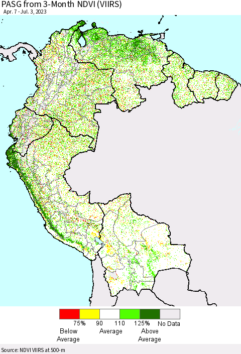 Northern South America PASG from 3-Month NDVI (VIIRS) Thematic Map For 6/26/2023 - 7/3/2023