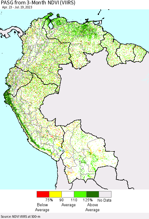 Northern South America PASG from 3-Month NDVI (VIIRS) Thematic Map For 7/12/2023 - 7/19/2023
