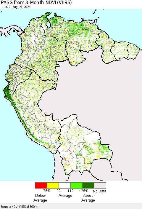 Northern South America PASG from 3-Month NDVI (VIIRS) Thematic Map For 8/21/2023 - 8/28/2023