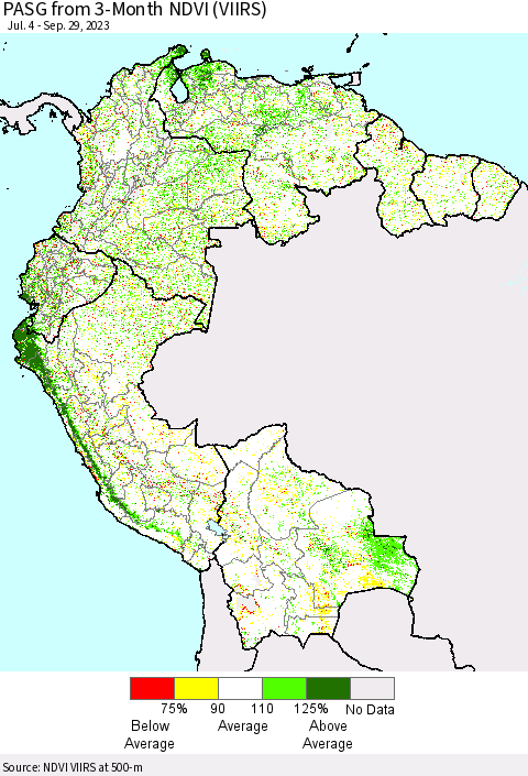 Northern South America PASG from 3-Month NDVI (VIIRS) Thematic Map For 9/22/2023 - 9/29/2023