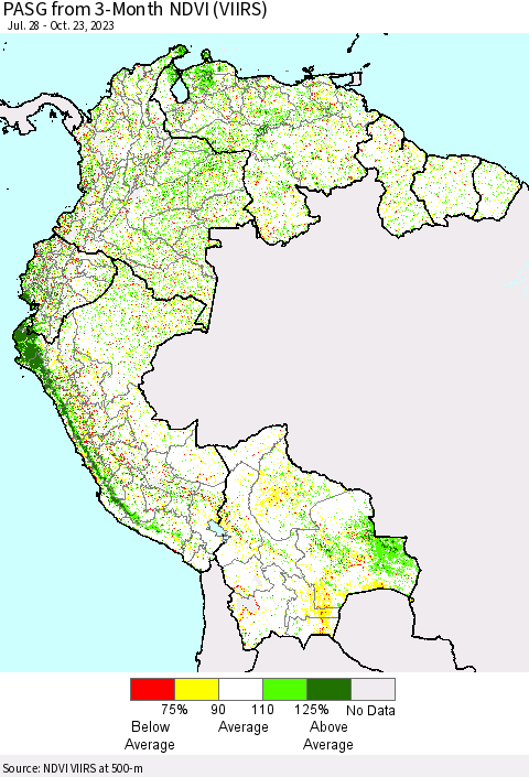 Northern South America PASG from 3-Month NDVI (VIIRS) Thematic Map For 10/16/2023 - 10/23/2023