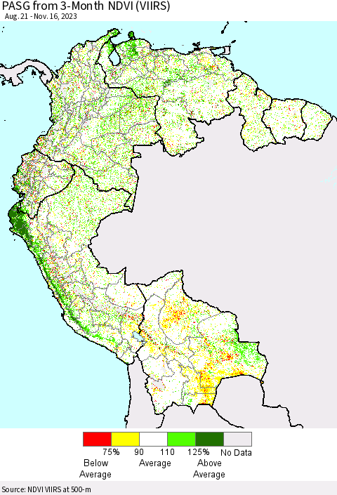 Northern South America PASG from 3-Month NDVI (VIIRS) Thematic Map For 11/9/2023 - 11/16/2023