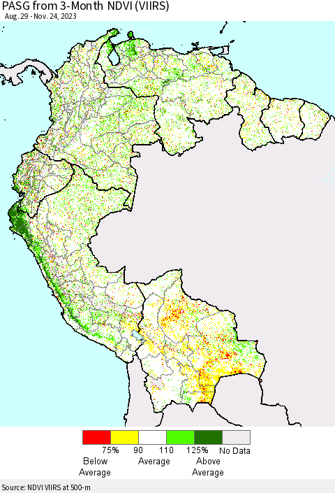 Northern South America PASG from 3-Month NDVI (VIIRS) Thematic Map For 11/17/2023 - 11/24/2023