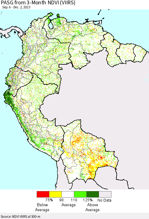 Northern South America PASG from 3-Month NDVI (VIIRS) Thematic Map For 11/25/2023 - 12/2/2023