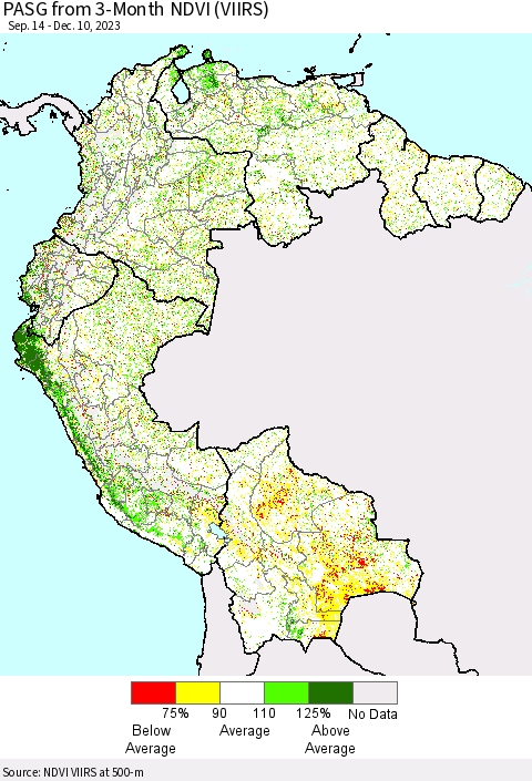 Northern South America PASG from 3-Month NDVI (VIIRS) Thematic Map For 12/3/2023 - 12/10/2023