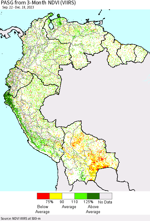 Northern South America PASG from 3-Month NDVI (VIIRS) Thematic Map For 12/11/2023 - 12/18/2023