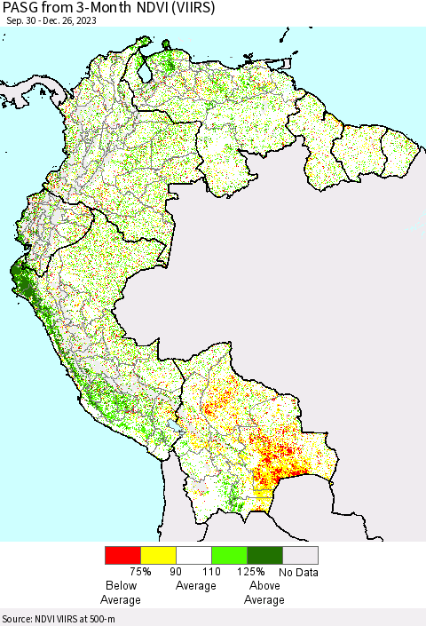 Northern South America PASG from 3-Month NDVI (VIIRS) Thematic Map For 12/19/2023 - 12/26/2023