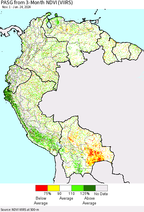 Northern South America PASG from 3-Month NDVI (VIIRS) Thematic Map For 1/17/2024 - 1/24/2024