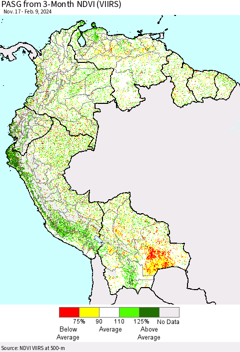 Northern South America PASG from 3-Month NDVI (VIIRS) Thematic Map For 2/2/2024 - 2/9/2024