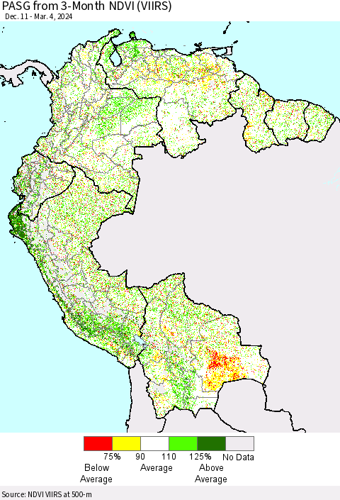Northern South America PASG from 3-Month NDVI (VIIRS) Thematic Map For 2/26/2024 - 3/4/2024